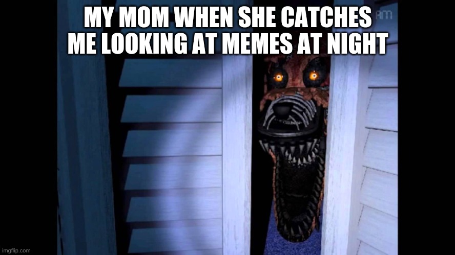 Foxy FNaF 4 | MY MOM WHEN SHE CATCHES ME LOOKING AT MEMES AT NIGHT | image tagged in foxy fnaf 4 | made w/ Imgflip meme maker