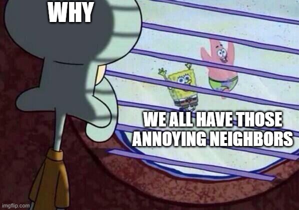 neighbor life | WHY; WE ALL HAVE THOSE ANNOYING NEIGHBORS | image tagged in squidward window | made w/ Imgflip meme maker