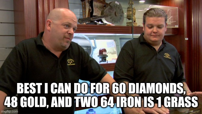 Pawn Stars Best I Can Do | BEST I CAN DO FOR 60 DIAMONDS, 48 GOLD, AND TWO 64 IRON IS 1 GRASS | image tagged in pawn stars best i can do | made w/ Imgflip meme maker