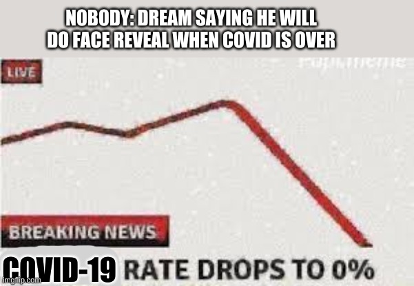 covid 19 drops to zero because of a green blob | NOBODY: DREAM SAYING HE WILL DO FACE REVEAL WHEN COVID IS OVER; COVID-19 | image tagged in dream,minecraft,meme | made w/ Imgflip meme maker