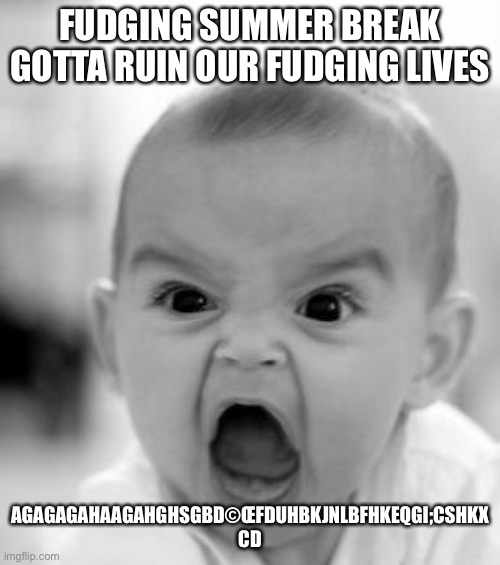 RGJE@UQHdkmwebfhoqdjs | FUDGING SUMMER BREAK GOTTA RUIN OUR FUDGING LIVES; AGAGAGAHAAGAHGHSGBD©ŒFDUHBKJNLBFHKEQGI;CSHKX CD | image tagged in memes,angry baby | made w/ Imgflip meme maker