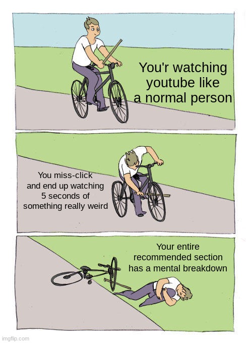 Why does this alwase happen to me? | You'r watching youtube like a normal person; You miss-click and end up watching 5 seconds of something really weird; Your entire recommended section has a mental breakdown | image tagged in memes,bike fall,youtube,funny,barney will eat all of your delectable biscuits | made w/ Imgflip meme maker