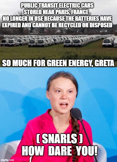Not Easy, Being Green |  PUBLIC TRANSIT ELECTRIC CARS STORED NEAR PARIS, FRANCE .
NO LONGER IN USE BECAUSE THE BATTERIES HAVE EXPIRED AND CANNOT BE RECYCLED OR DISPOSED; SO MUCH FOR GREEN ENERGY, GRETA; ( SNARLS )
HOW  DARE  YOU! | image tagged in greta thunberg,green energy,green new deal,biden,aoc,democrats | made w/ Imgflip meme maker
