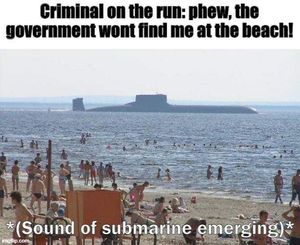 soobmereene | Criminal on the run: phew, the government wont find me at the beach! *(Sound of submarine emerging)* | image tagged in beach,crime | made w/ Imgflip meme maker