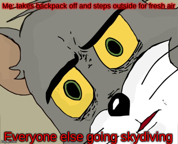 Just thought of this... ik its not gonna have any traction | Me: takes backpack off and steps outside for fresh air; Everyone else going skydiving | image tagged in memes,unsettled tom,skydiving | made w/ Imgflip meme maker