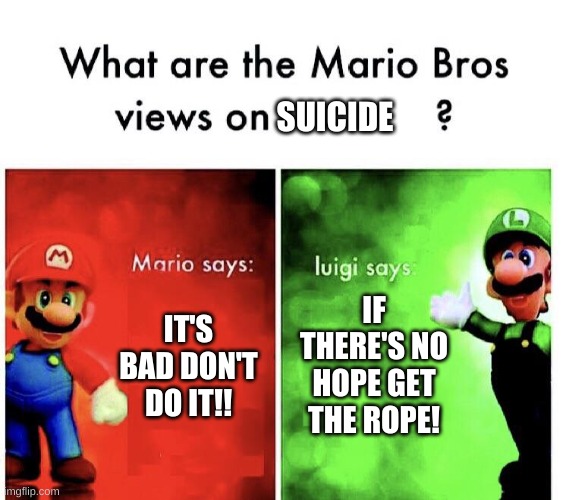 What are the mario bros views on:      ? | SUICIDE; IF THERE'S NO HOPE GET THE ROPE! IT'S BAD DON'T DO IT!! | image tagged in what are the mario bros views on | made w/ Imgflip meme maker