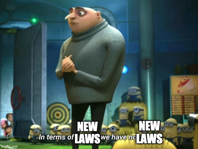 In terms of money, we have no money | NEW LAWS NEW LAWS | image tagged in in terms of money we have no money | made w/ Imgflip meme maker