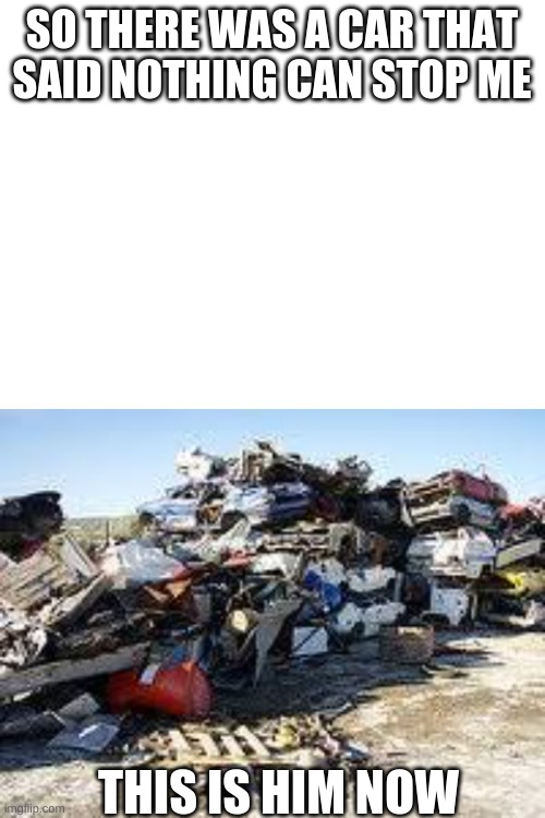 hehe car go crash | SO THERE WAS A CAR THAT SAID NOTHING CAN STOP ME; THIS IS HIM NOW | image tagged in blank white template | made w/ Imgflip meme maker