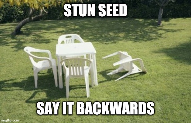 When you realize | STUN SEED; SAY IT BACKWARDS | image tagged in memes,we will rebuild | made w/ Imgflip meme maker