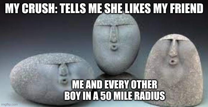 MY CRUSH: TELLS ME SHE LIKES MY FRIEND; ME AND EVERY OTHER BOY IN A 50 MILE RADIUS | image tagged in oof stones,sad | made w/ Imgflip meme maker