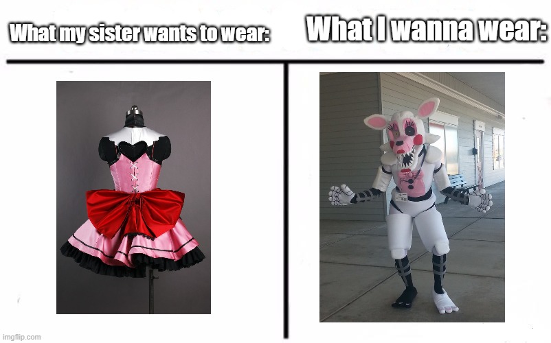 Fun Fact: I don't have a sister | What I wanna wear:; What my sister wants to wear: | image tagged in memes,who would win | made w/ Imgflip meme maker