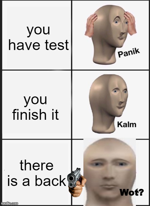 Panik Kalm Panik | you have test; you finish it; there is a back; Wot? | image tagged in memes,panik kalm panik | made w/ Imgflip meme maker
