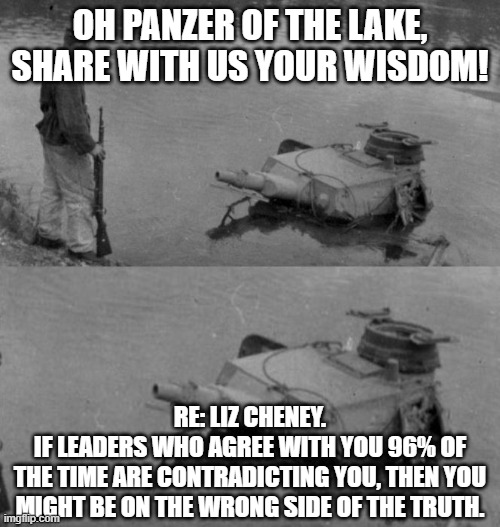 Panzer of the lake | OH PANZER OF THE LAKE, SHARE WITH US YOUR WISDOM! RE: LIZ CHENEY.
IF LEADERS WHO AGREE WITH YOU 96% OF
THE TIME ARE CONTRADICTING YOU, THEN YOU
MIGHT BE ON THE WRONG SIDE OF THE TRUTH. | image tagged in panzer of the lake | made w/ Imgflip meme maker