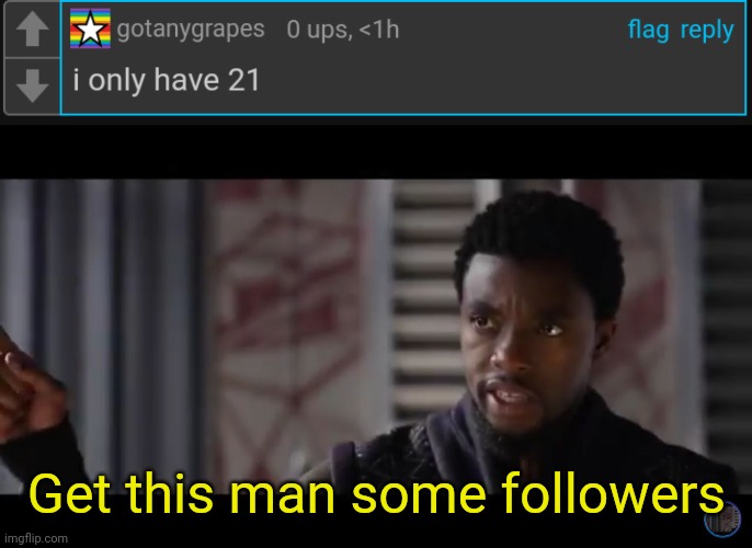 Get this man some followers | image tagged in black panther - get this man a shield | made w/ Imgflip meme maker