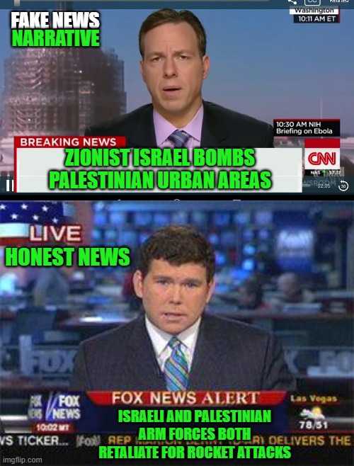 NARRATIVE; FAKE NEWS; ZIONIST ISRAEL BOMBS PALESTINIAN URBAN AREAS; HONEST NEWS; ISRAELI AND PALESTINIAN ARM FORCES BOTH RETALIATE FOR ROCKET ATTACKS | image tagged in fake news,democrats,the squad | made w/ Imgflip meme maker