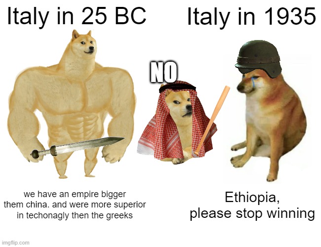Buff Doge vs. Cheems | Italy in 25 BC; Italy in 1935; NO; we have an empire bigger them china. and were more superior in techonagly then the greeks; Ethiopia, please stop winning | image tagged in memes,buff doge vs cheems | made w/ Imgflip meme maker