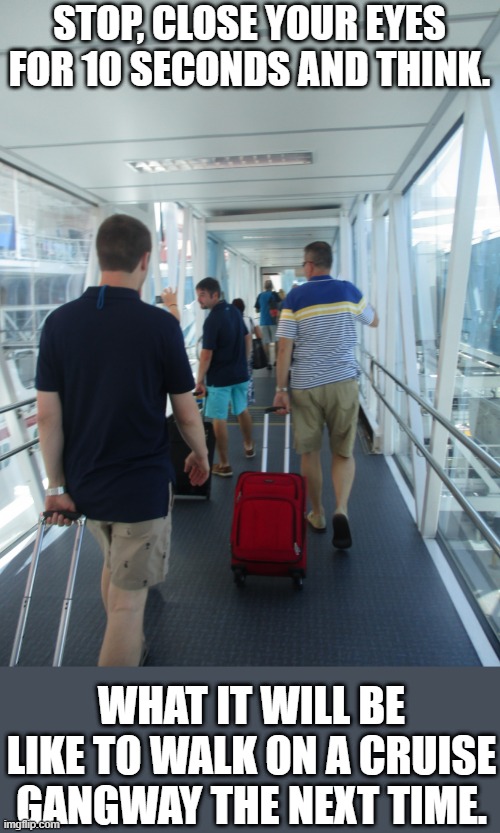 cruise ship gangway | STOP, CLOSE YOUR EYES FOR 10 SECONDS AND THINK. WHAT IT WILL BE LIKE TO WALK ON A CRUISE GANGWAY THE NEXT TIME. | image tagged in cruise ship gangway,vacation | made w/ Imgflip meme maker