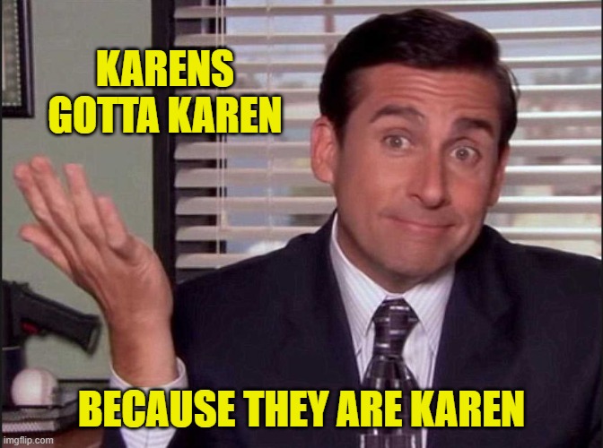 Michael Scott | KARENS GOTTA KAREN BECAUSE THEY ARE KAREN | image tagged in michael scott | made w/ Imgflip meme maker