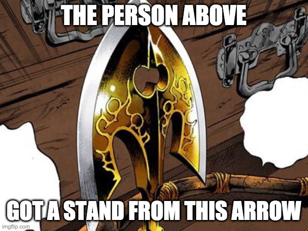 The person above | THE PERSON ABOVE; GOT A STAND FROM THIS ARROW | image tagged in the person above | made w/ Imgflip meme maker