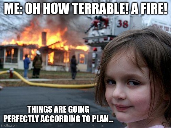 Disaster Girl Meme | ME: OH HOW TERRABLE! A FIRE! THINGS ARE GOING PERFECTLY ACCORDING TO PLAN... | image tagged in memes,disaster girl | made w/ Imgflip meme maker
