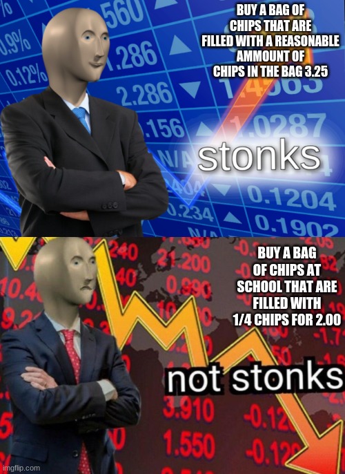 I'm looking at you flamas | BUY A BAG OF CHIPS THAT ARE FILLED WITH A REASONABLE AMMOUNT OF CHIPS IN THE BAG 3.25; BUY A BAG OF CHIPS AT SCHOOL THAT ARE FILLED WITH 1/4 CHIPS FOR 2.00 | image tagged in stonks not stonks | made w/ Imgflip meme maker