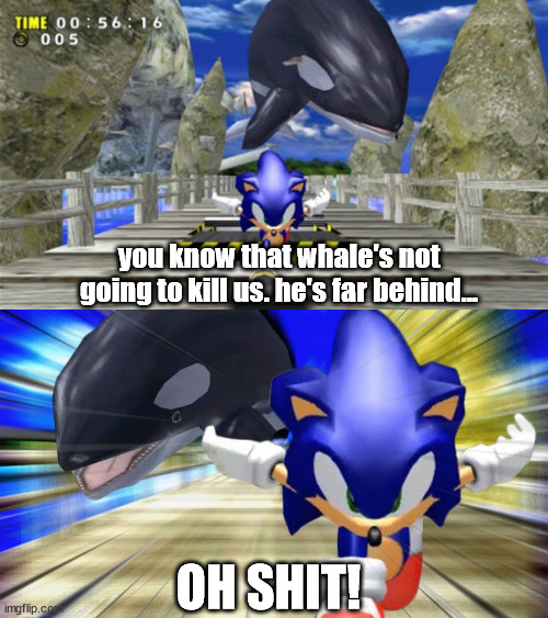 WHAT THE HELL HAPPENED? | you know that whale's not going to kill us. he's far behind... OH SHIT! | image tagged in sonic adventure | made w/ Imgflip meme maker