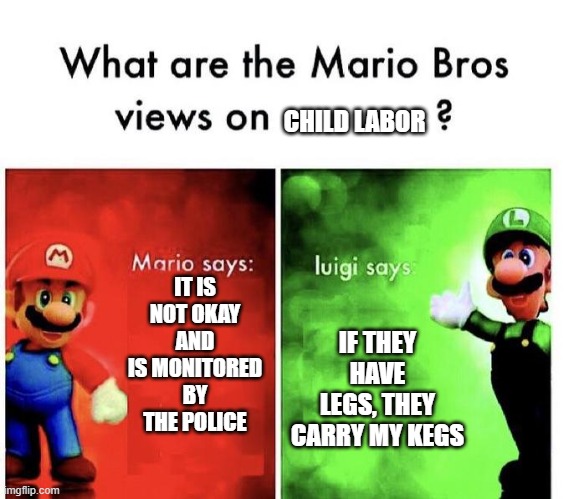 Mario Bros Views | CHILD LABOR; IT IS NOT OKAY AND IS MONITORED BY THE POLICE; IF THEY HAVE LEGS, THEY CARRY MY KEGS | image tagged in mario bros views,funny,mario,luigi | made w/ Imgflip meme maker