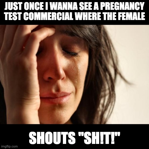 Nooooo! | JUST ONCE I WANNA SEE A PREGNANCY TEST COMMERCIAL WHERE THE FEMALE; SHOUTS "SH!T!" | image tagged in memes,first world problems | made w/ Imgflip meme maker