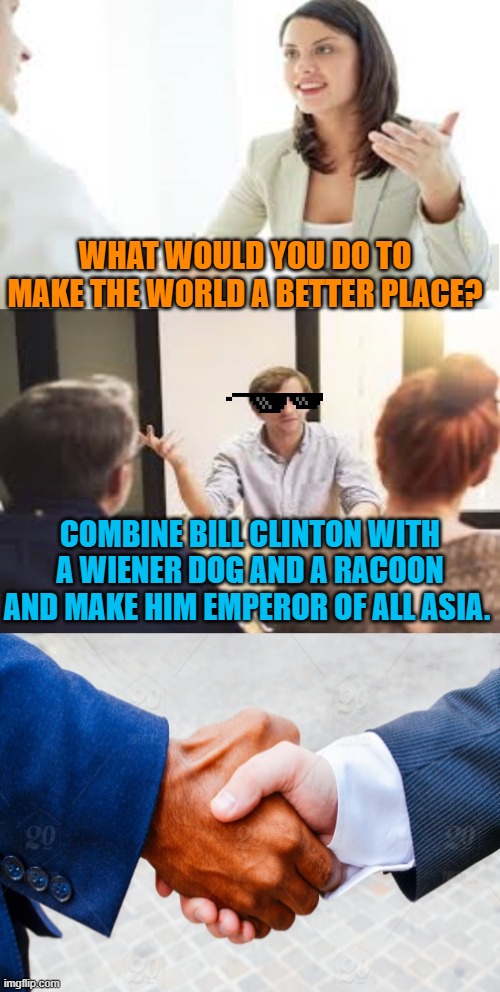 Bill Weiner Coon, Sovereign of some very confused Asians | WHAT WOULD YOU DO TO MAKE THE WORLD A BETTER PLACE? COMBINE BILL CLINTON WITH A WIENER DOG AND A RACOON AND MAKE HIM EMPEROR OF ALL ASIA. | image tagged in why should we hire you,bill clinton,weiner,racoon,asians | made w/ Imgflip meme maker