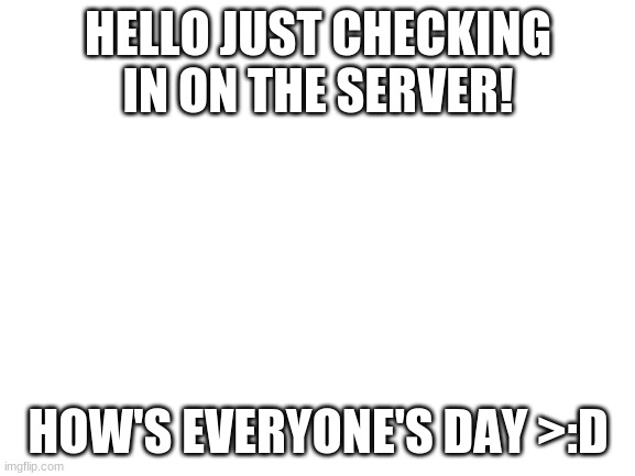 Blank White Template |  HELLO JUST CHECKING IN ON THE SERVER! HOW'S EVERYONE'S DAY >:D | image tagged in blank white template | made w/ Imgflip meme maker