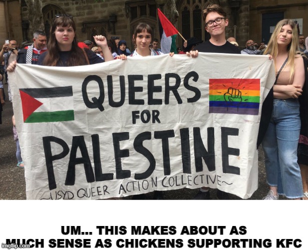 Dumb as F#*K | UM... THIS MAKES ABOUT AS MUCH SENSE AS CHICKENS SUPPORTING KFC | image tagged in palestine,gay pride | made w/ Imgflip meme maker