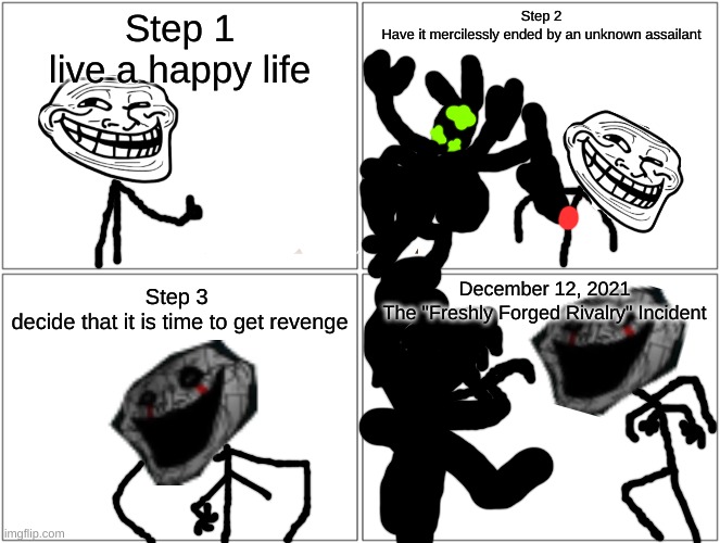 A custom Trollge Incident | Step 1
live a happy life; Step 2
Have it mercilessly ended by an unknown assailant; December 12, 2021
The "Freshly Forged Rivalry" Incident; Step 3 
decide that it is time to get revenge | made w/ Imgflip meme maker
