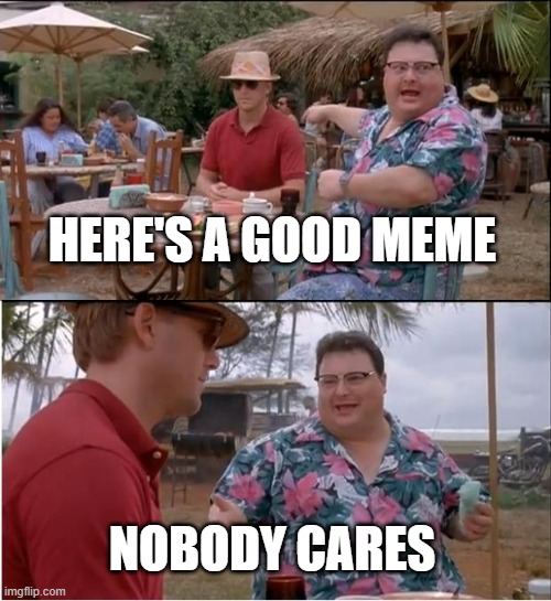 See Nobody Cares | HERE'S A GOOD MEME; NOBODY CARES | image tagged in memes,see nobody cares | made w/ Imgflip meme maker