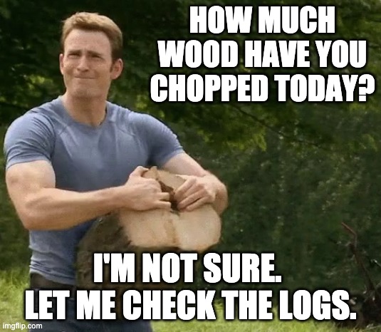 Logs | HOW MUCH WOOD HAVE YOU CHOPPED TODAY? I'M NOT SURE.  LET ME CHECK THE LOGS. | image tagged in chris evans chopping wood | made w/ Imgflip meme maker