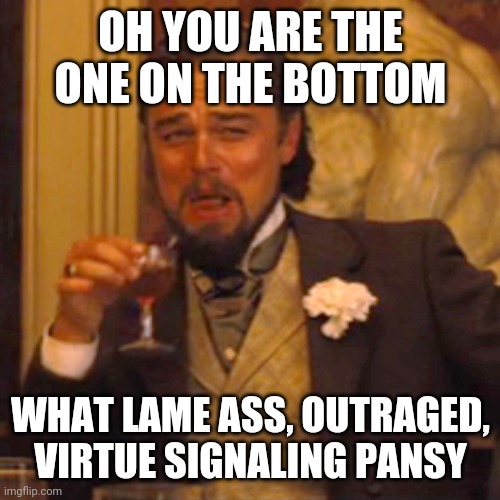 Laughing Leo Meme | OH YOU ARE THE ONE ON THE BOTTOM WHAT LAME ASS, OUTRAGED, VIRTUE SIGNALING PANSY | image tagged in memes,laughing leo | made w/ Imgflip meme maker