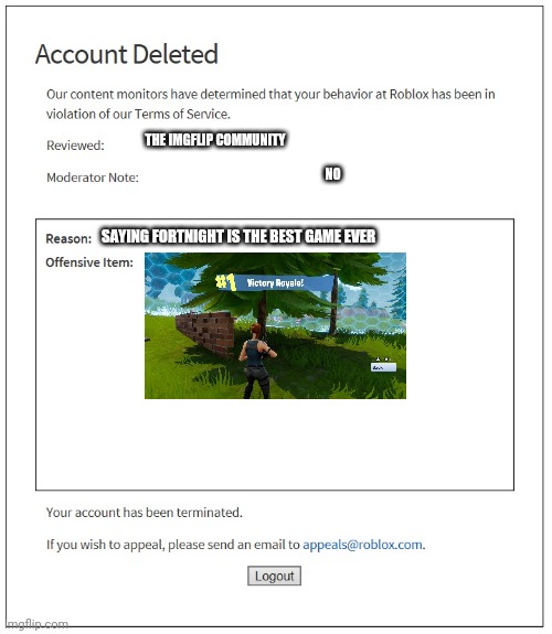 WRONG (wait did I spell fortnite wrong) | THE IMGFLIP COMMUNITY; NO; SAYING FORTNIGHT IS THE BEST GAME EVER | image tagged in banned from roblox,fortnite,memes,fortnite meme | made w/ Imgflip meme maker