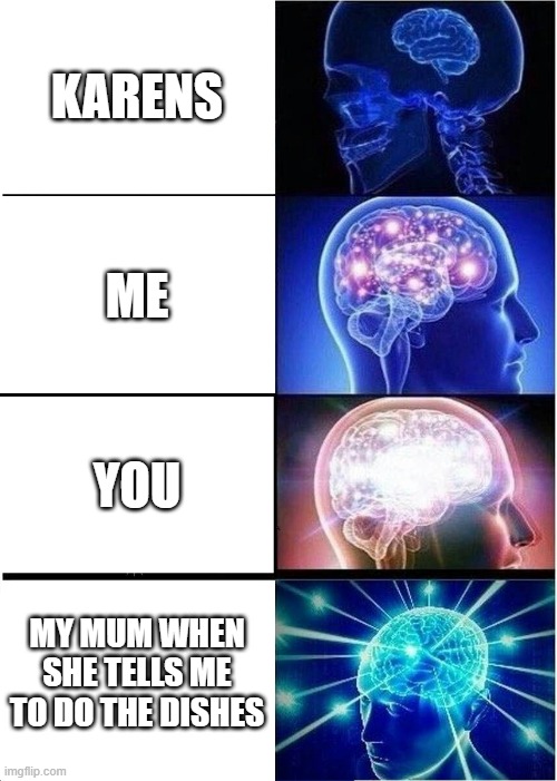 brain | KARENS; ME; YOU; MY MUM WHEN SHE TELLS ME TO DO THE DISHES | image tagged in memes,expanding brain | made w/ Imgflip meme maker