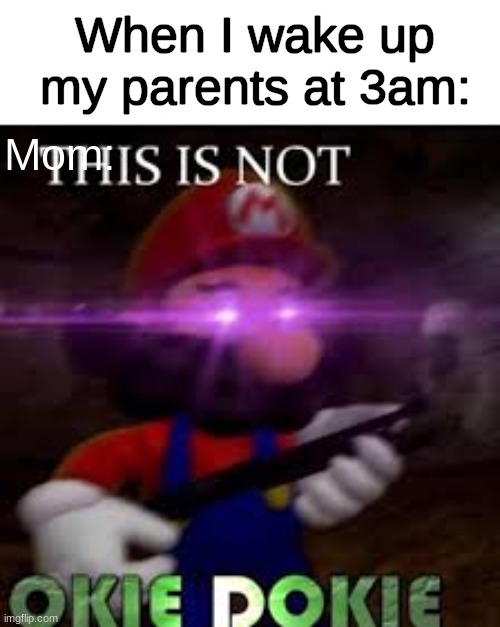 This is not okie dokie | When I wake up my parents at 3am:; Mom: | image tagged in this is not okie dokie | made w/ Imgflip meme maker