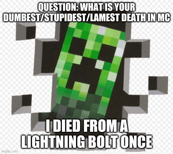 asking a question | QUESTION: WHAT IS YOUR DUMBEST/STUPIDEST/LAMEST DEATH IN MC; I DIED FROM A LIGHTNING BOLT ONCE | image tagged in minecraft creeper | made w/ Imgflip meme maker