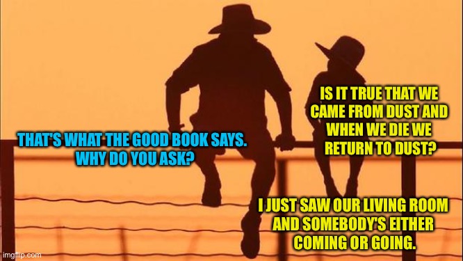 Cowboy father and son | IS IT TRUE THAT WE 
CAME FROM DUST AND 
WHEN WE DIE WE 
RETURN TO DUST? I JUST SAW OUR LIVING ROOM 
AND SOMEBODY'S EITHER 
COMING OR GOING.  | image tagged in cowboy father and son | made w/ Imgflip meme maker