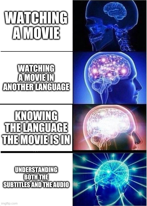 Expanding Brain | WATCHING A MOVIE; WATCHING A MOVIE IN ANOTHER LANGUAGE; KNOWING THE LANGUAGE THE MOVIE IS IN; UNDERSTANDING BOTH THE SUBTITLES AND THE AUDIO | image tagged in memes,expanding brain | made w/ Imgflip meme maker