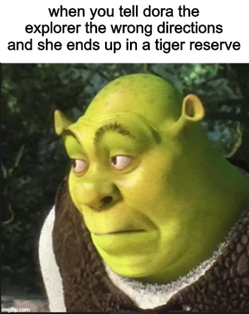 shrek uh oh | when you tell dora the explorer the wrong directions and she ends up in a tiger reserve | image tagged in shrek uh oh | made w/ Imgflip meme maker