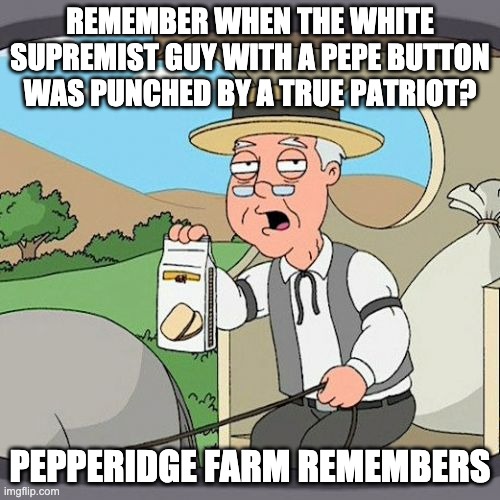 Pepperidge Farm Remembers | REMEMBER WHEN THE WHITE SUPREMIST GUY WITH A PEPE BUTTON WAS PUNCHED BY A TRUE PATRIOT? PEPPERIDGE FARM REMEMBERS | image tagged in memes,pepperidge farm remembers | made w/ Imgflip meme maker