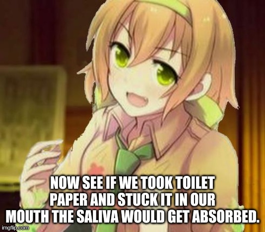 Don't look at the tag please. | NOW SEE IF WE TOOK TOILET PAPER AND STUCK IT IN OUR MOUTH THE SALIVA WOULD GET ABSORBED. | image tagged in hentai girl | made w/ Imgflip meme maker
