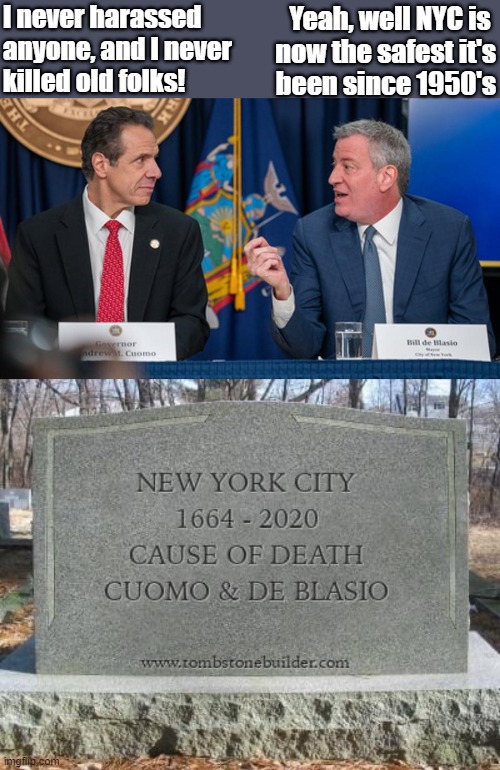 cuomo and de blasio killed NY | I never harassed 
anyone, and I never
killed old folks! Yeah, well NYC is 
now the safest it's
been since 1950's | image tagged in political humor,andrew cuomo,bill de blasio,new york city,democrats,killed | made w/ Imgflip meme maker