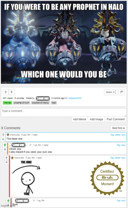 Big bruh, i'm sorry mate but it was too funny | SOMEONE; SOMEONE; SOMEONE | image tagged in certified bruh moment,prophet,halo | made w/ Imgflip meme maker