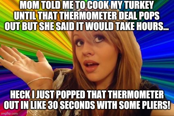 Faster does not mean better | MOM TOLD ME TO COOK MY TURKEY UNTIL THAT THERMOMETER DEAL POPS OUT BUT SHE SAID IT WOULD TAKE HOURS... HECK I JUST POPPED THAT THERMOMETER OUT IN LIKE 30 SECONDS WITH SOME PLIERS! | image tagged in memes,dumb blonde,turkey | made w/ Imgflip meme maker