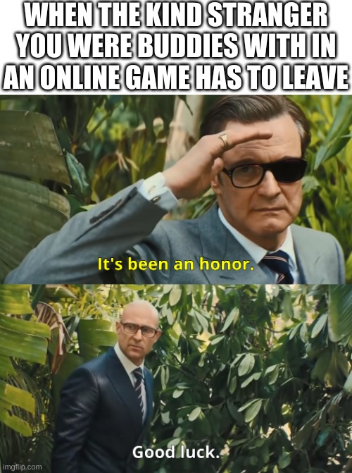 its been an honor | WHEN THE KIND STRANGER YOU WERE BUDDIES WITH IN AN ONLINE GAME HAS TO LEAVE | image tagged in its been an honor | made w/ Imgflip meme maker