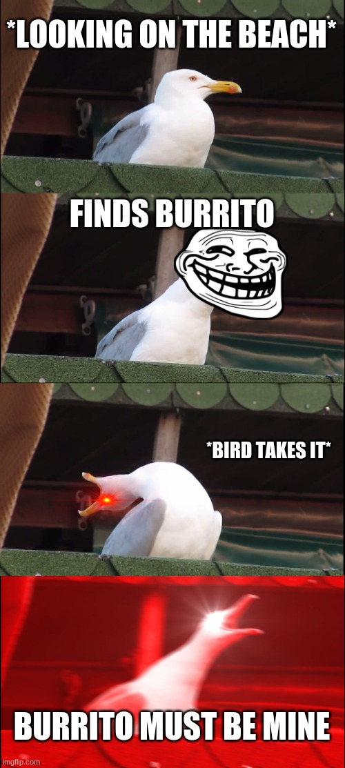 When I get Hungry | *LOOKING ON THE BEACH*; FINDS BURRITO; *BIRD TAKES IT*; BURRITO MUST BE MINE | image tagged in memes,inhaling seagull | made w/ Imgflip meme maker