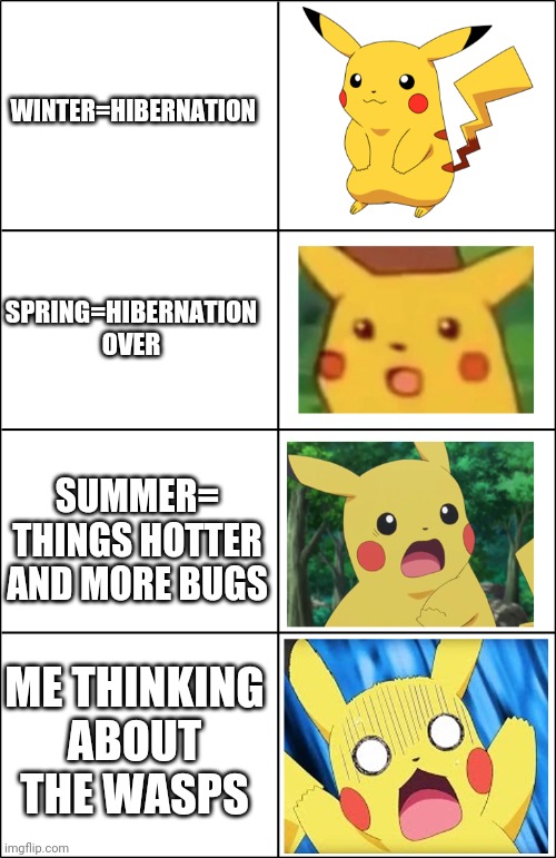 Horror Pikachu | WINTER=HIBERNATION; SPRING=HIBERNATION OVER; SUMMER= THINGS HOTTER AND MORE BUGS; ME THINKING ABOUT THE WASPS | image tagged in horror pikachu | made w/ Imgflip meme maker